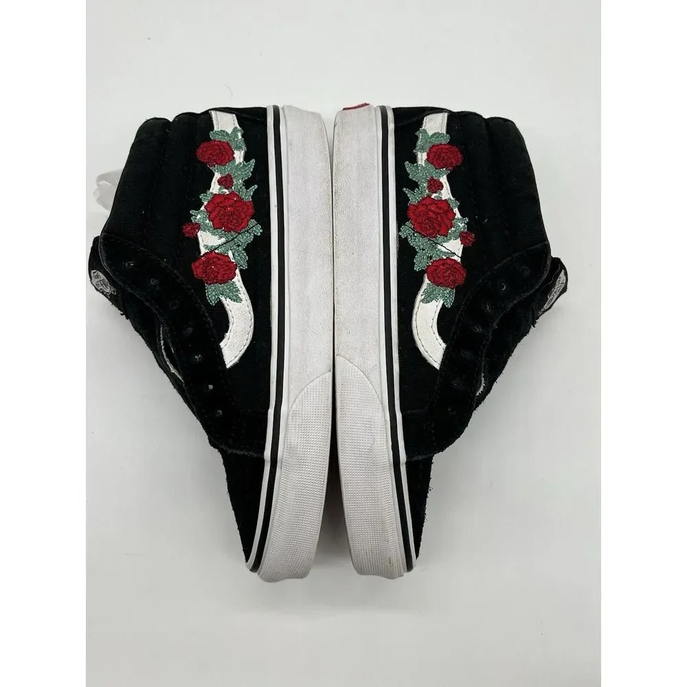 VANS SK8-Mid Black Embroidered Rose Skate Sneakers Shoes Women's‎ 5.5